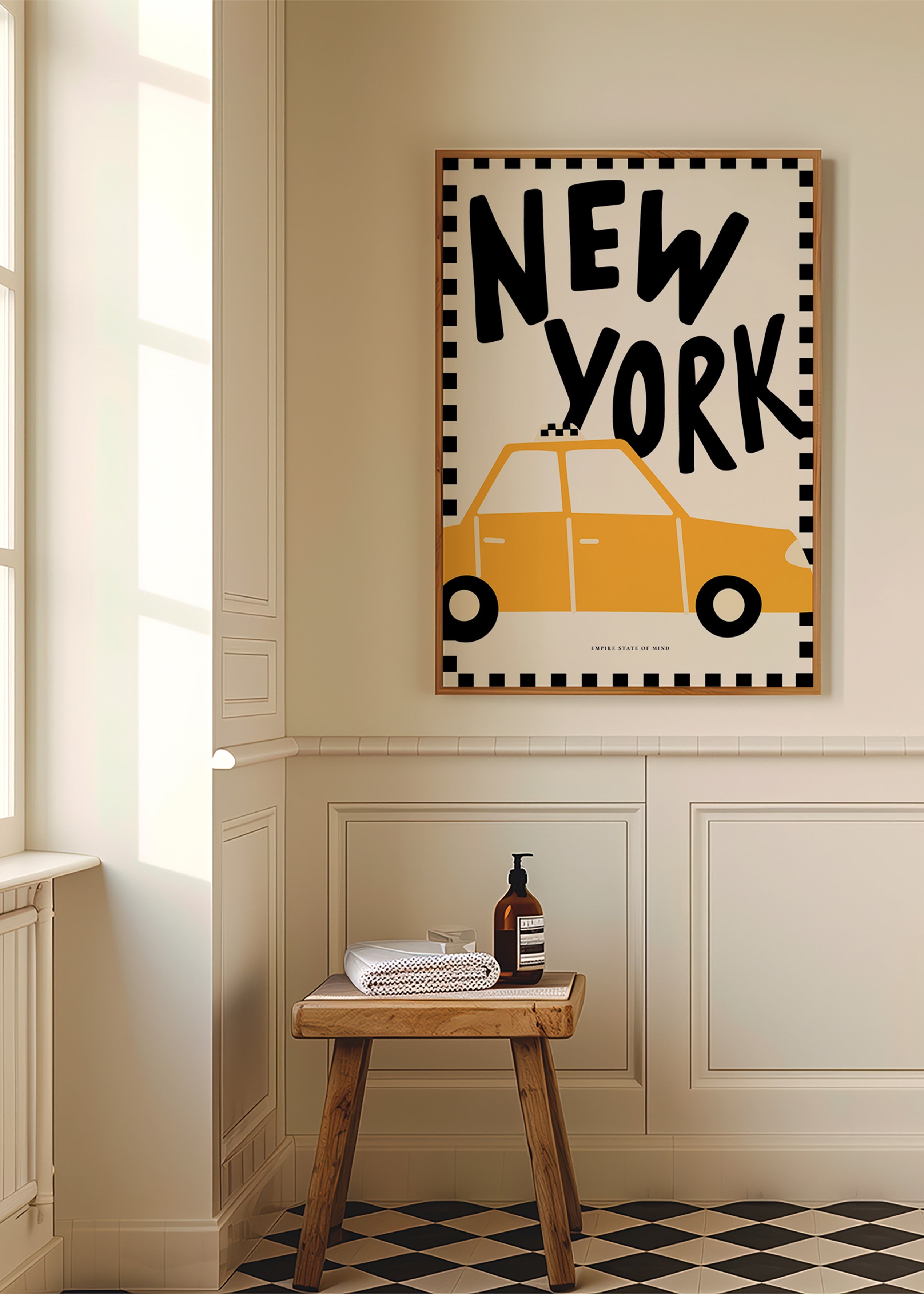 Travel poster with New York taxi and bold lettering