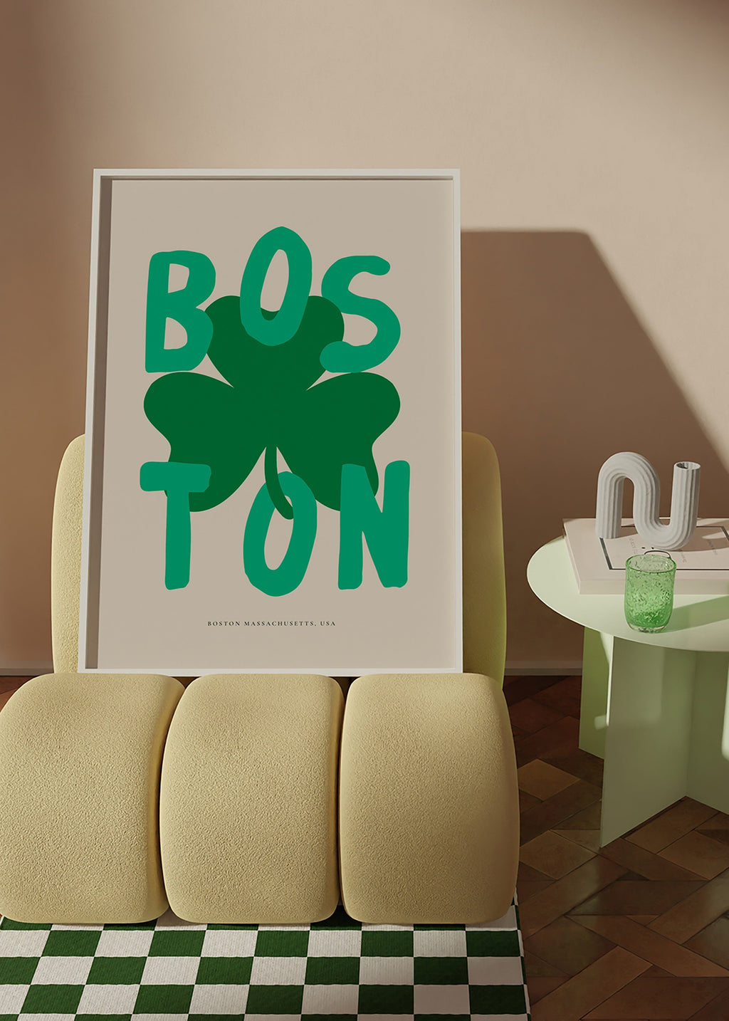 Travel poster Boston with shamrock graphic