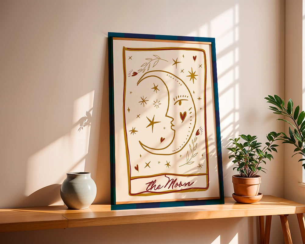 Illustration: moon face and scattered stars