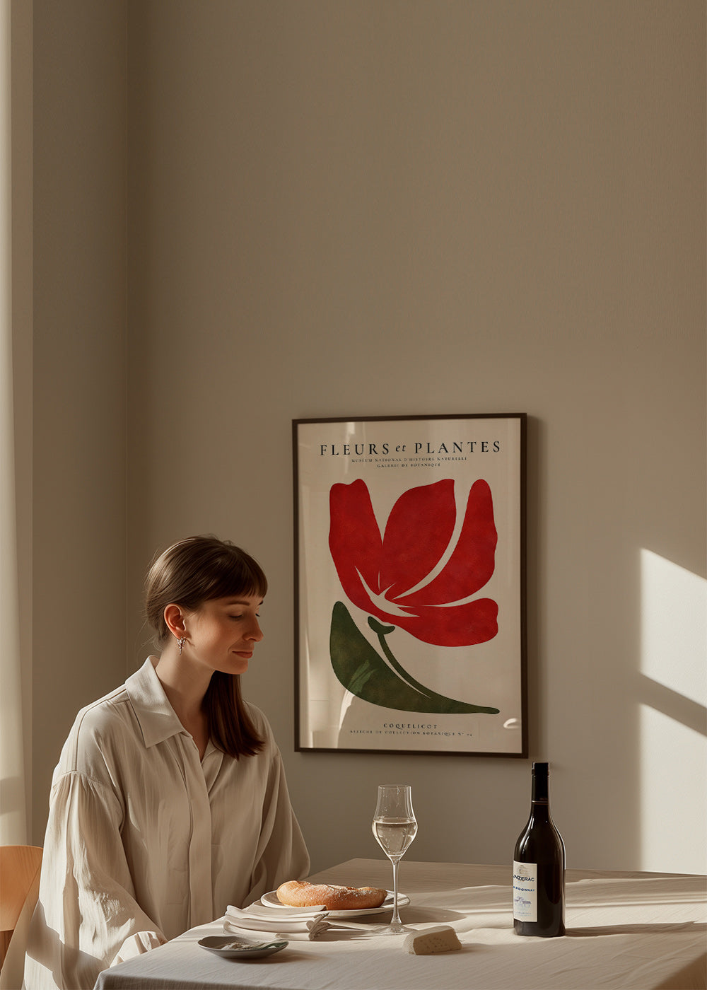 Botanical print featuring a stylized red poppy