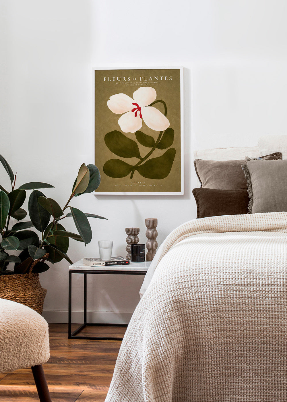 Botanical print: white camellia on olive background