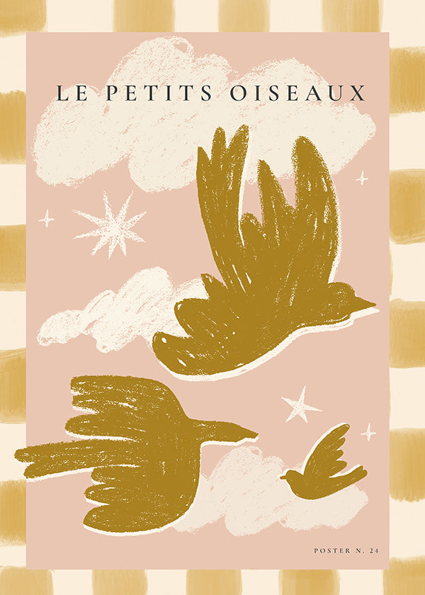 Golden birds illustration on pink