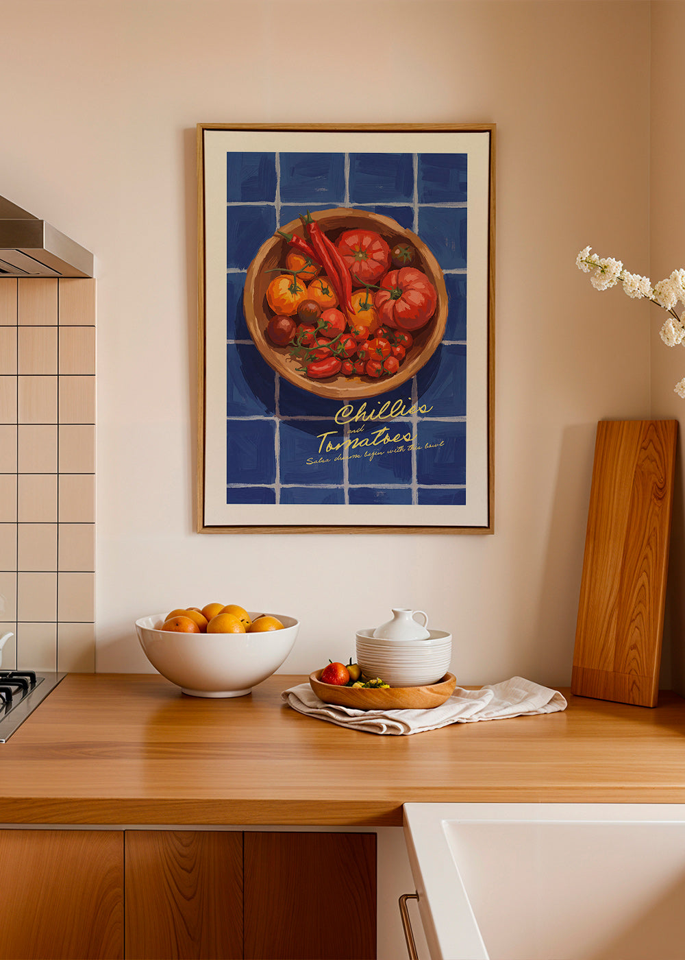 Kitchen art: illustrated chillies and tomatoes bowl