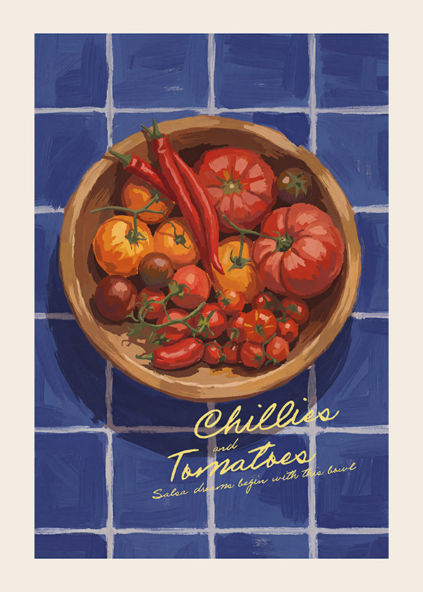Kitchen art: illustrated chillies and tomatoes bowl
