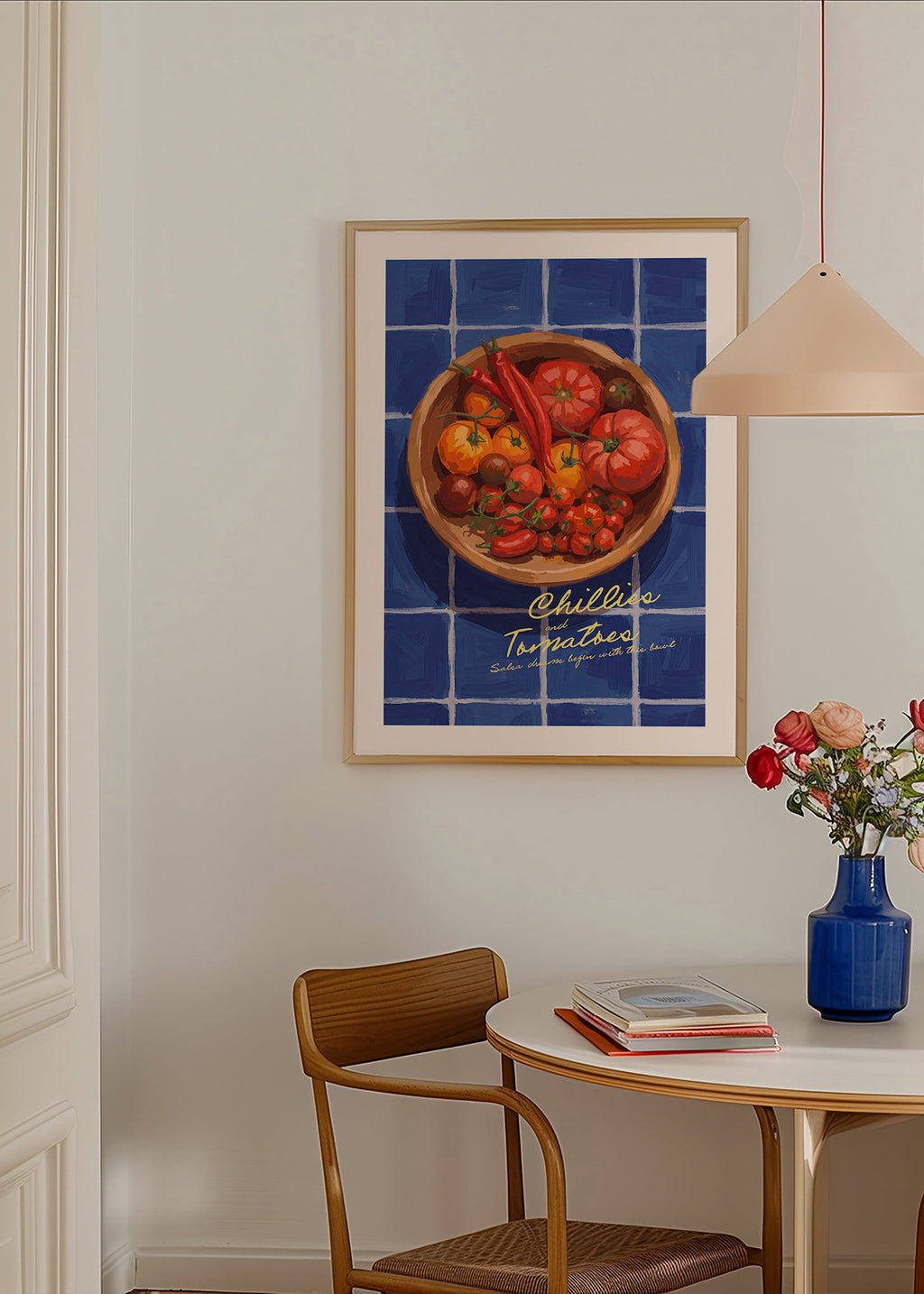 Kitchen art: illustrated chillies and tomatoes bowl