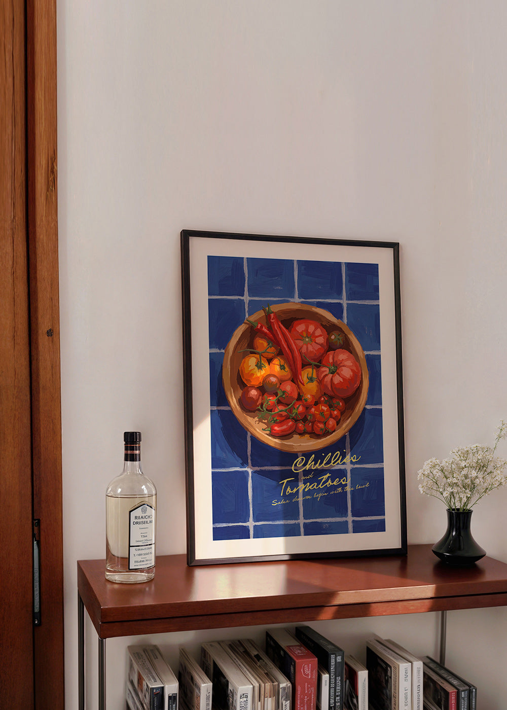 Kitchen art: illustrated chillies and tomatoes bowl