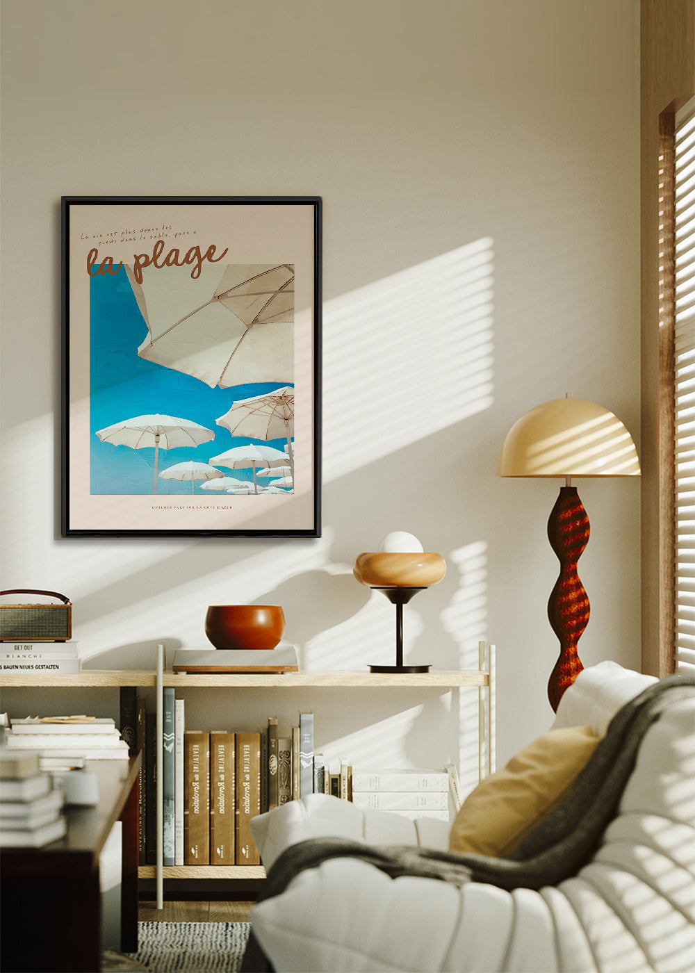 Coastal landscape art with parasols