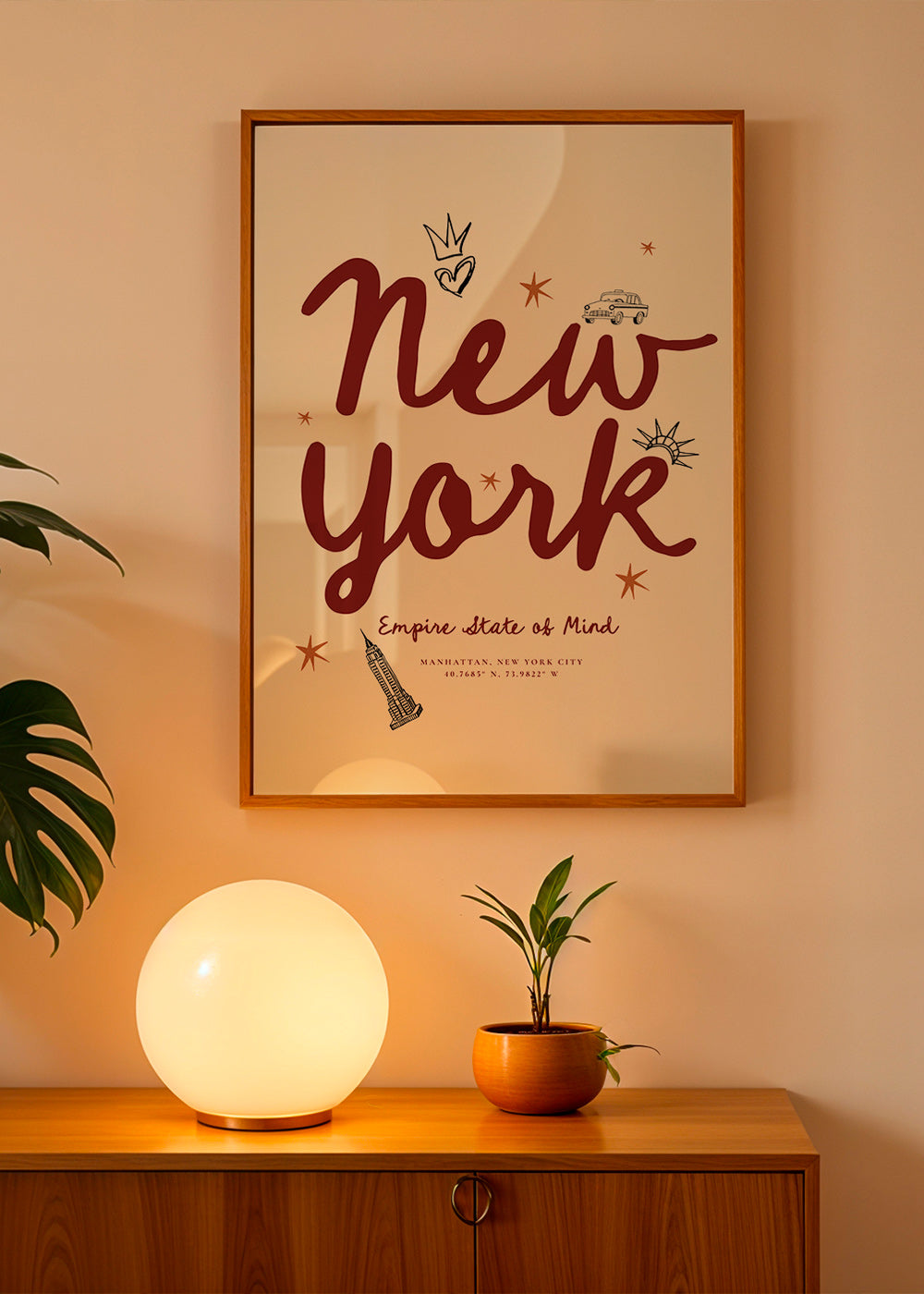 Travel poster New York with burgundy lettering