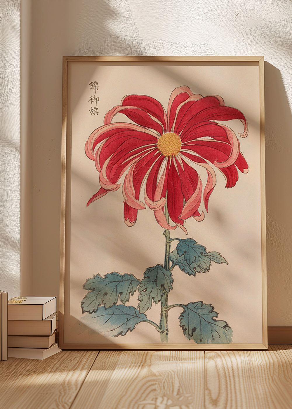 Botanical print Japanese chrysanthemum red