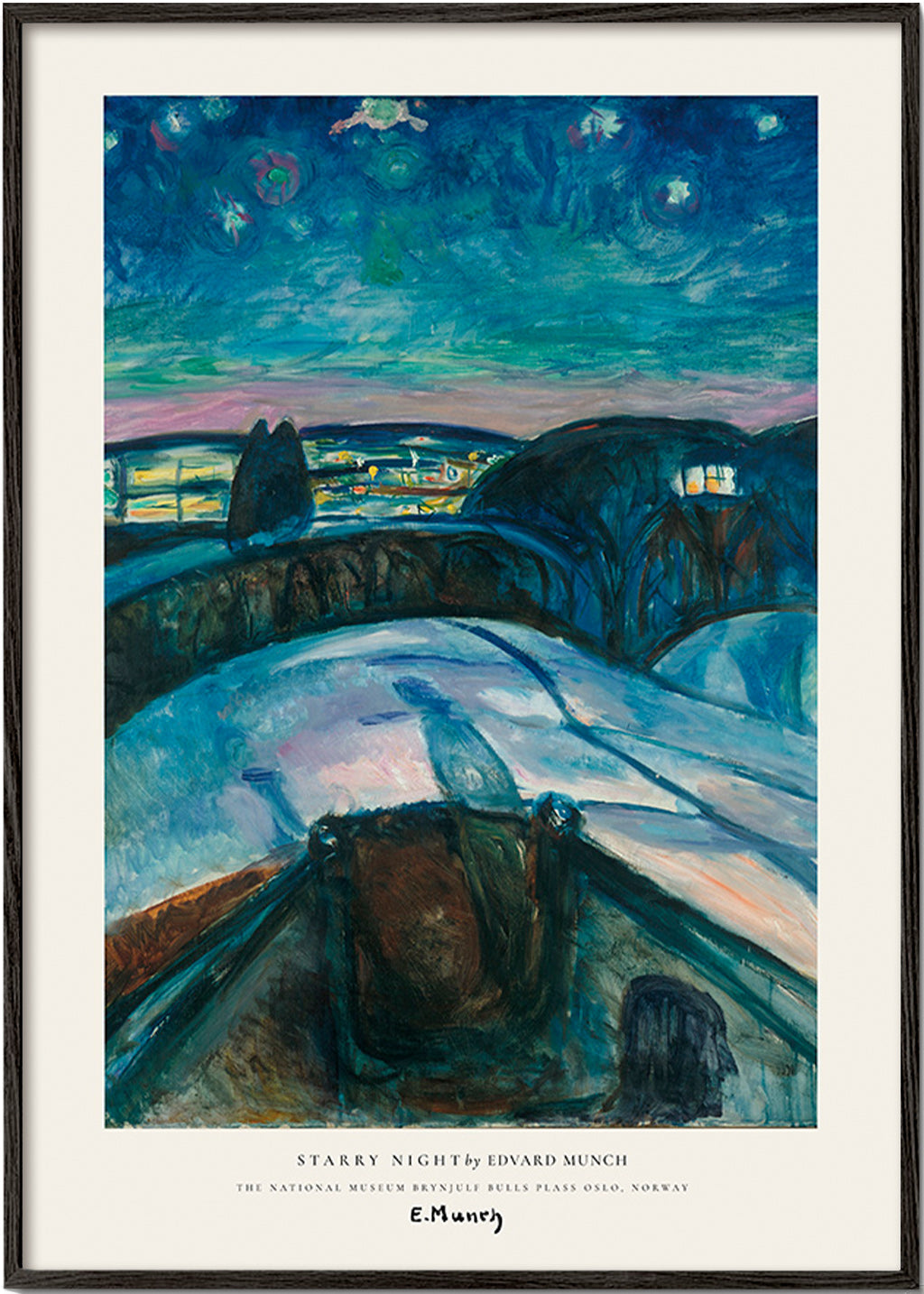 Landscape art with starry sky and snowy hills