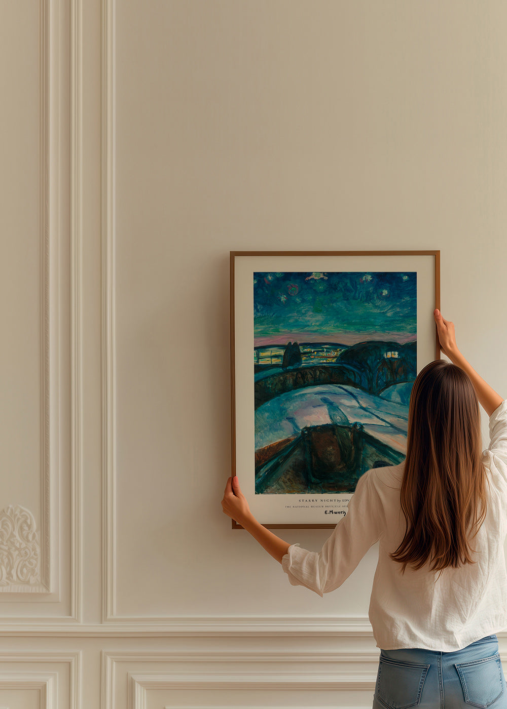 Landscape art with starry sky and snowy hills
