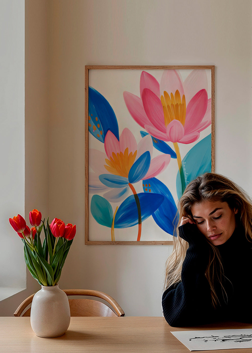 Botanical print pink and blue blooms