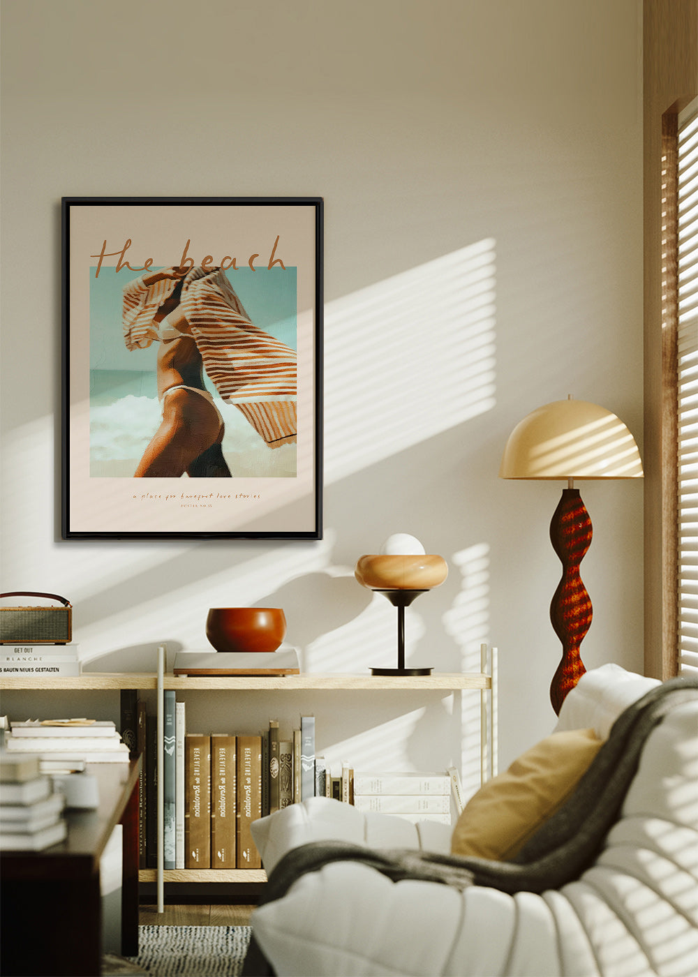 Landscape art: beach figure with striped towel