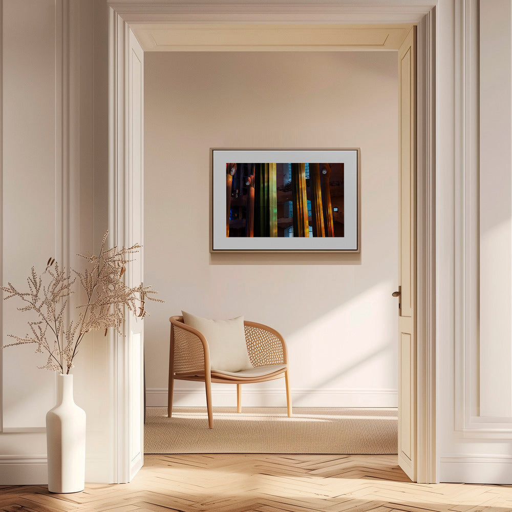 Photograph of illuminated interior columns