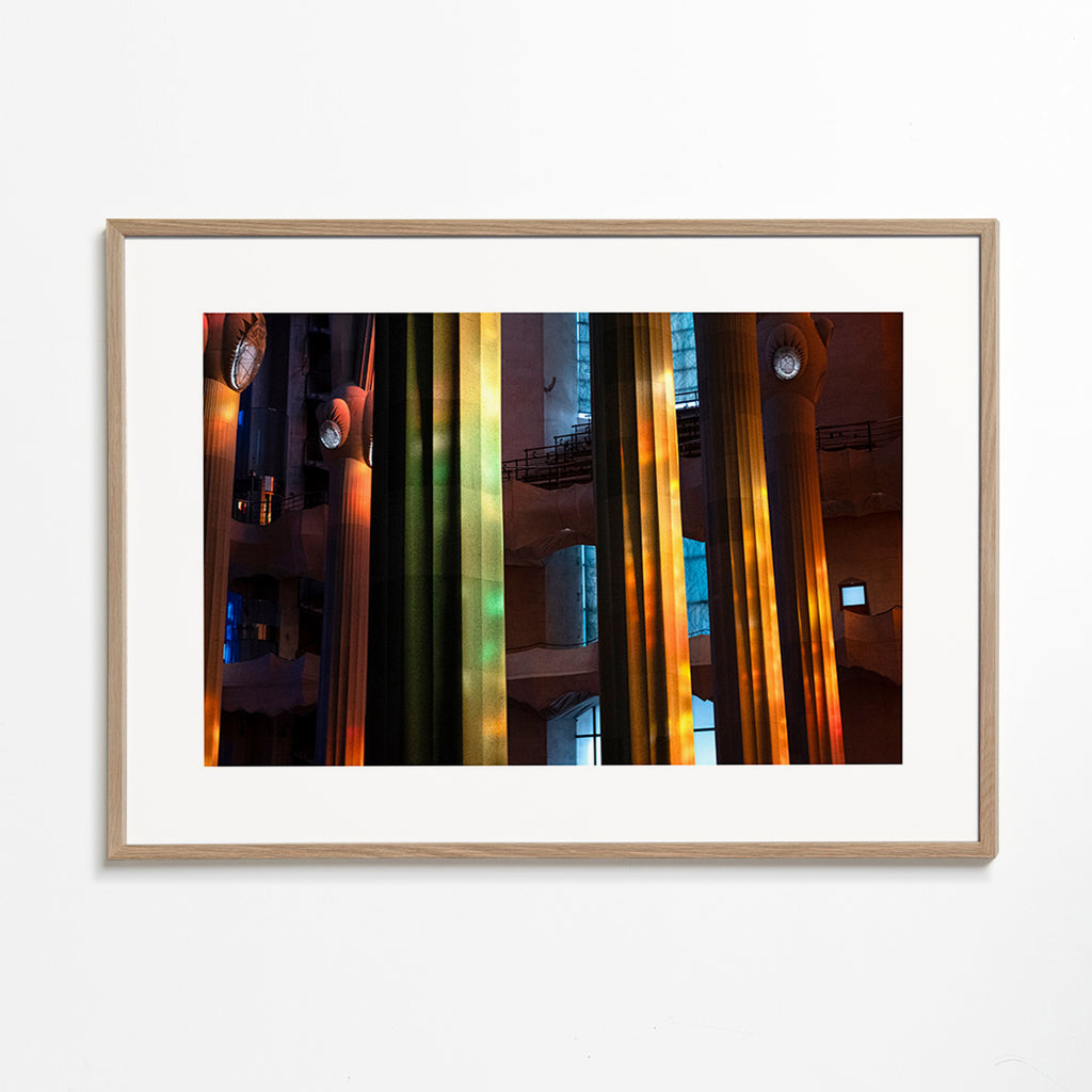 Photograph of illuminated interior columns