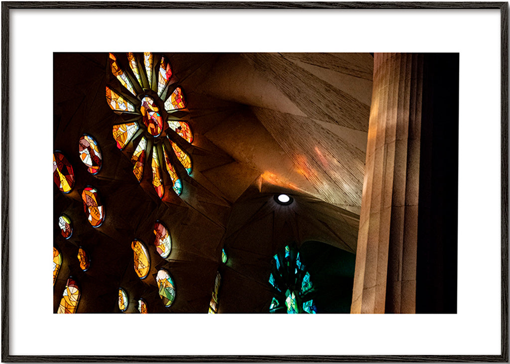 Architectural photograph of stained glass and warm light