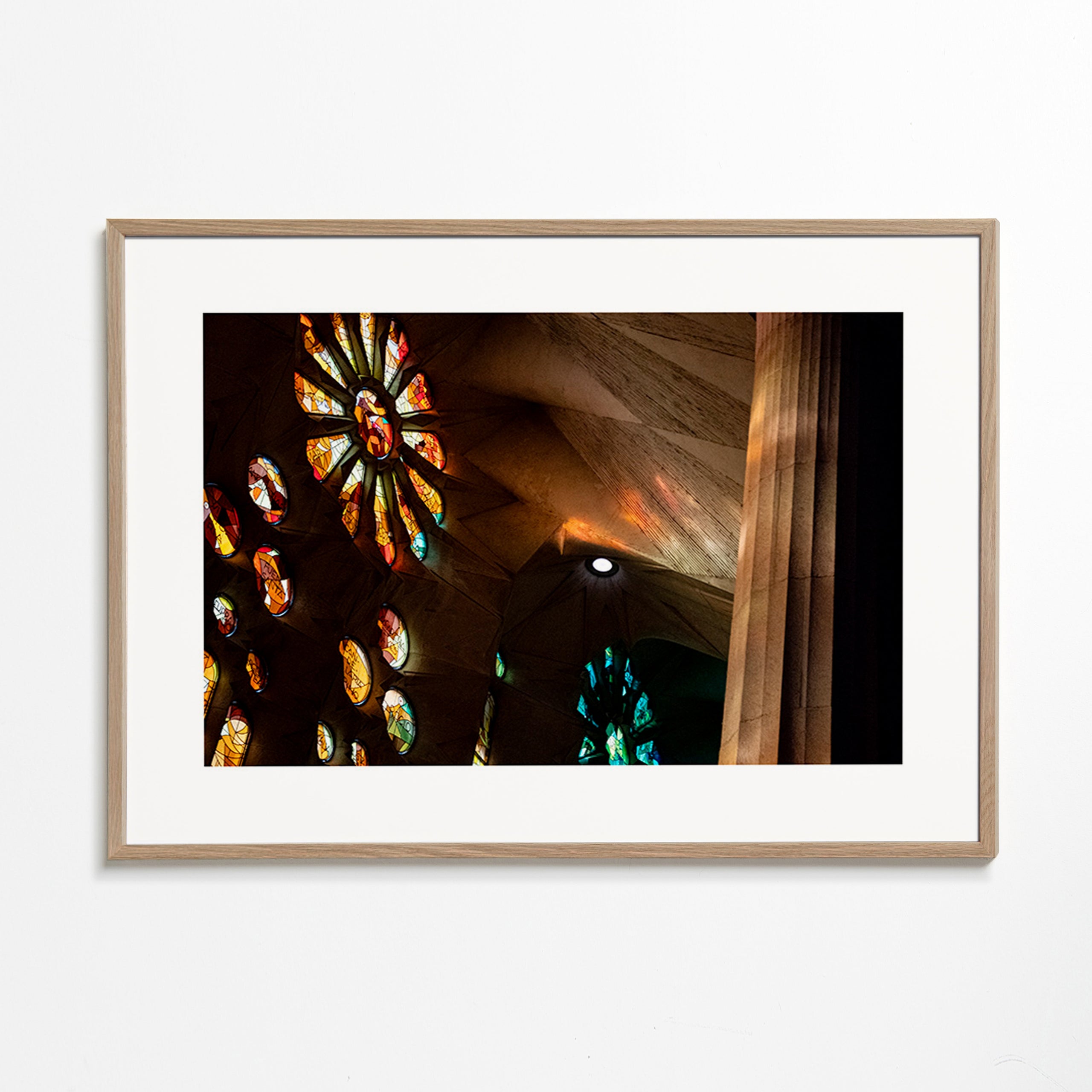 Architectural photograph of stained glass and warm light