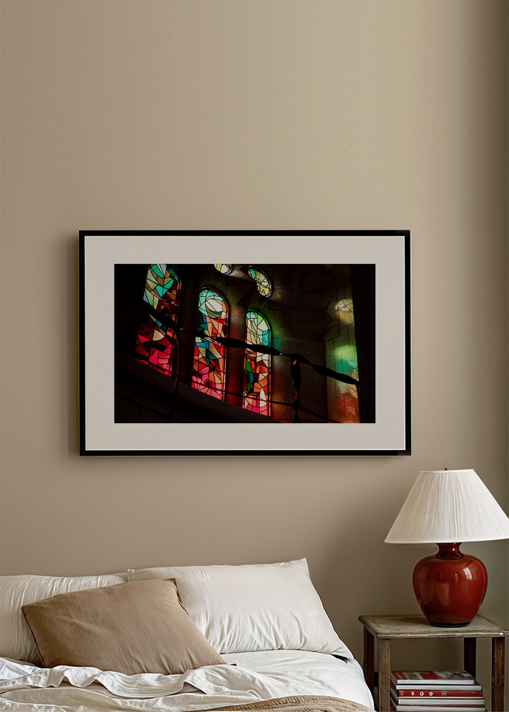 Photograph of stained glass windows in gothic interior