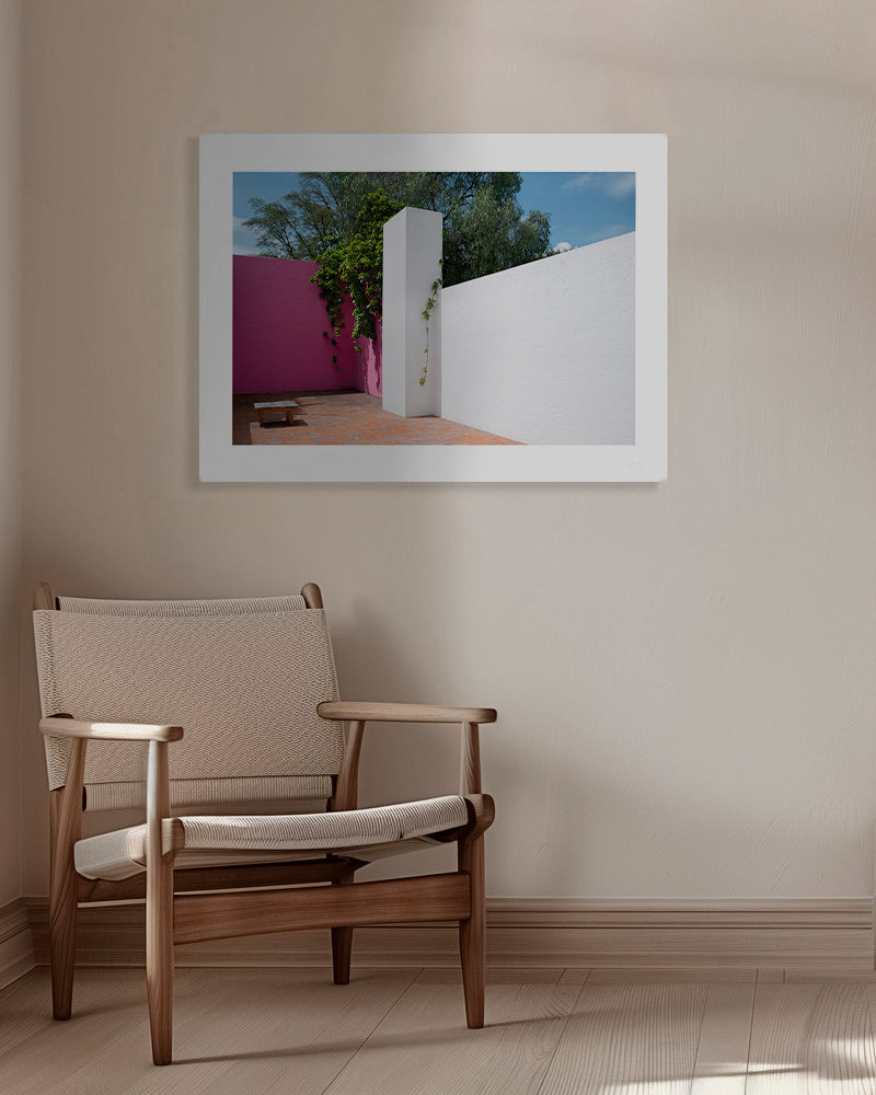 Minimalist design courtyard in pink and white