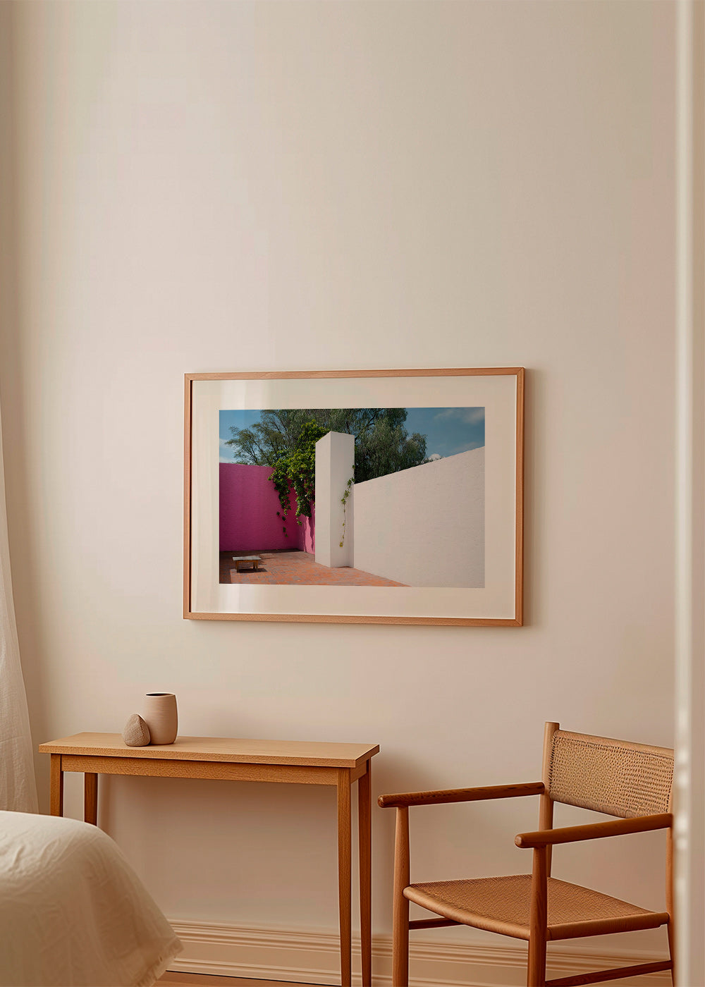 Minimalist design courtyard in pink and white