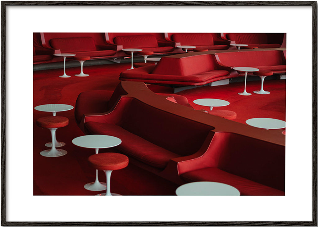 Red lounge photograph with curved seating