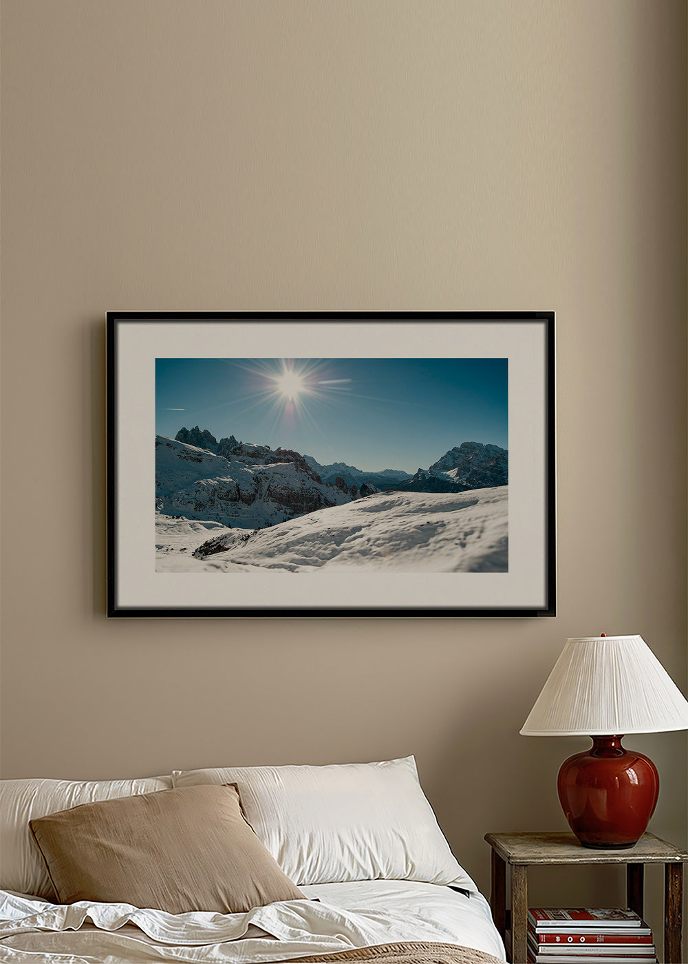 Landscape art: snowy mountain range under bright sun