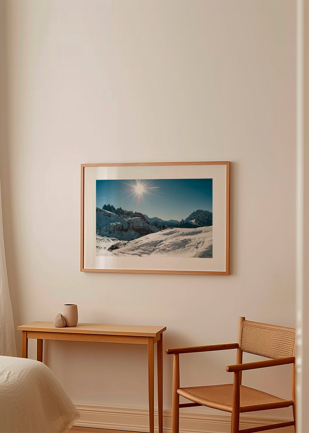 Landscape art: snowy mountain range under bright sun