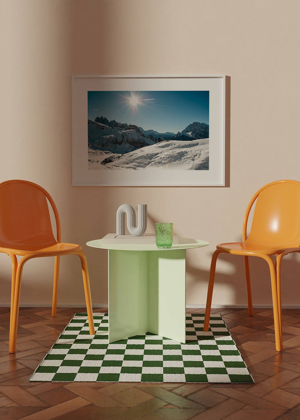 Landscape art: snowy mountain range under bright sun