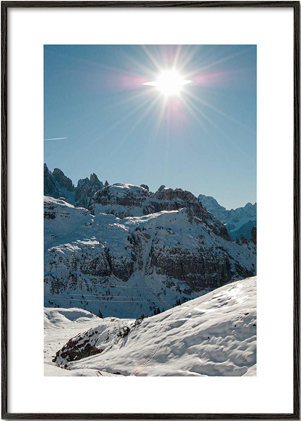 Landscape art: snowy peaks under bright sun
