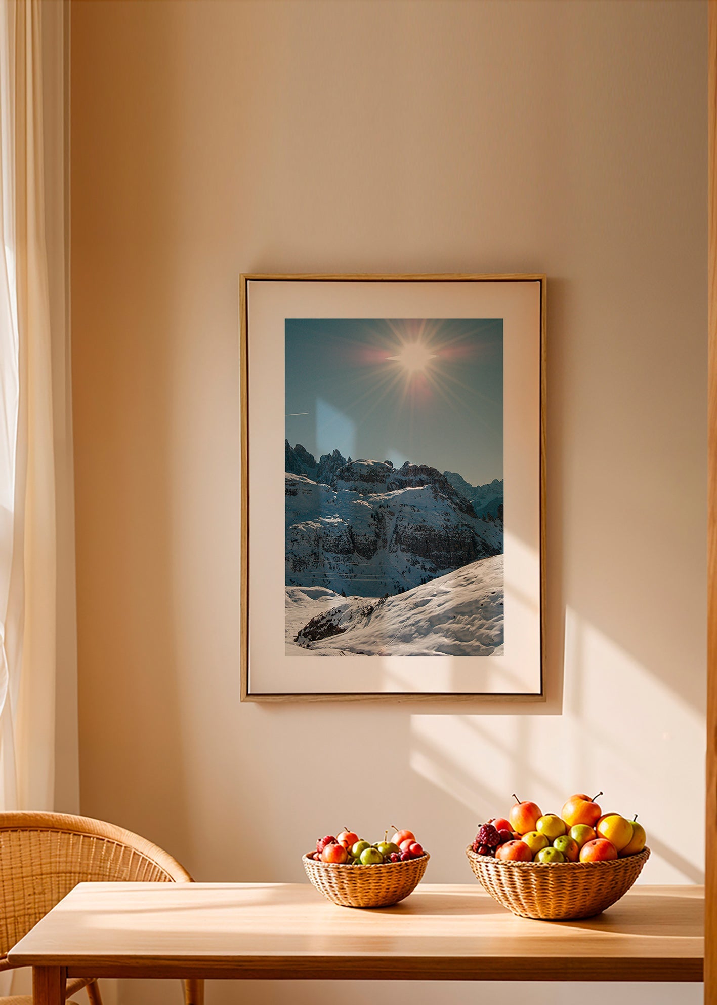 Landscape art: snowy peaks under bright sun