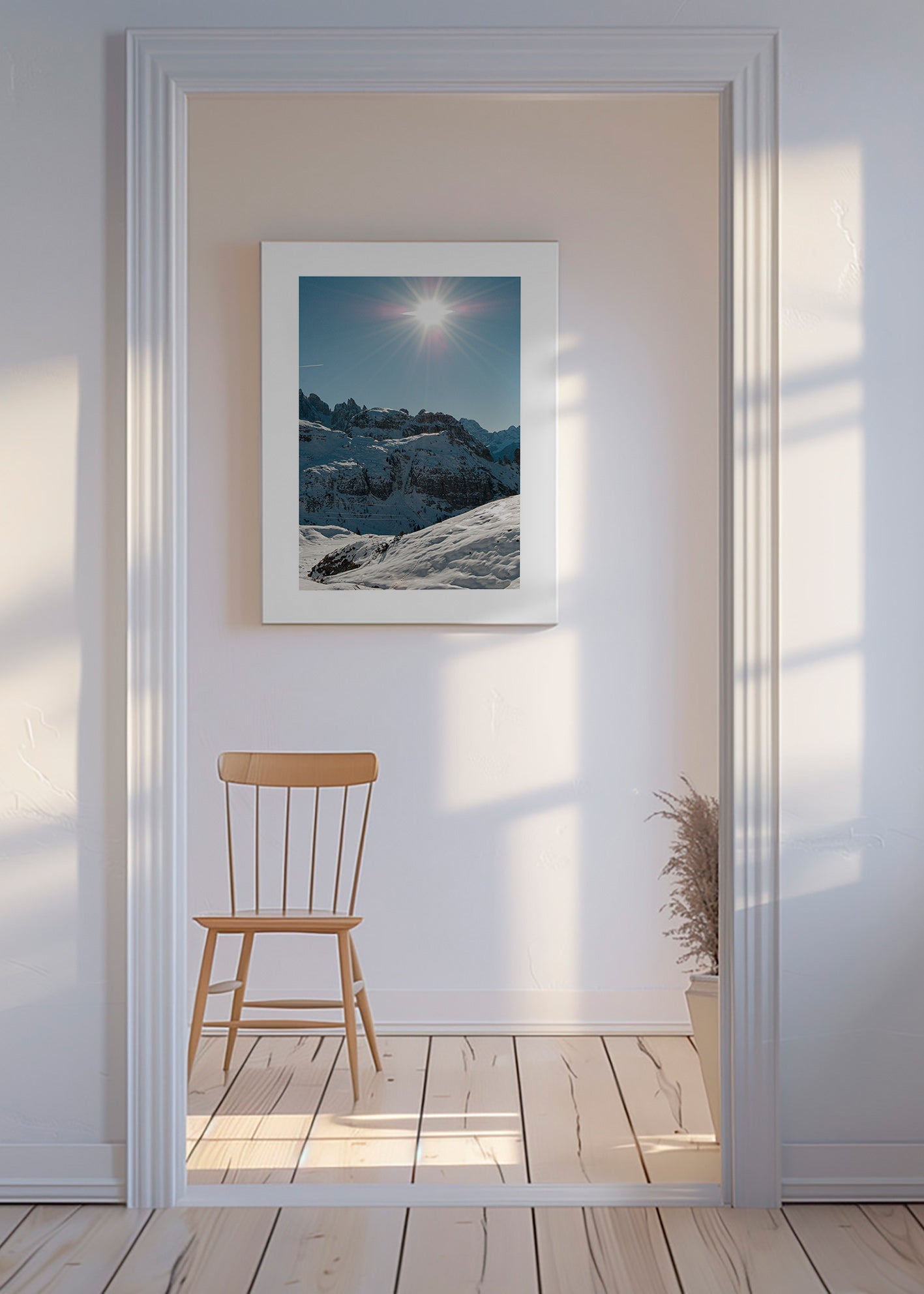 Landscape art: snowy peaks under bright sun