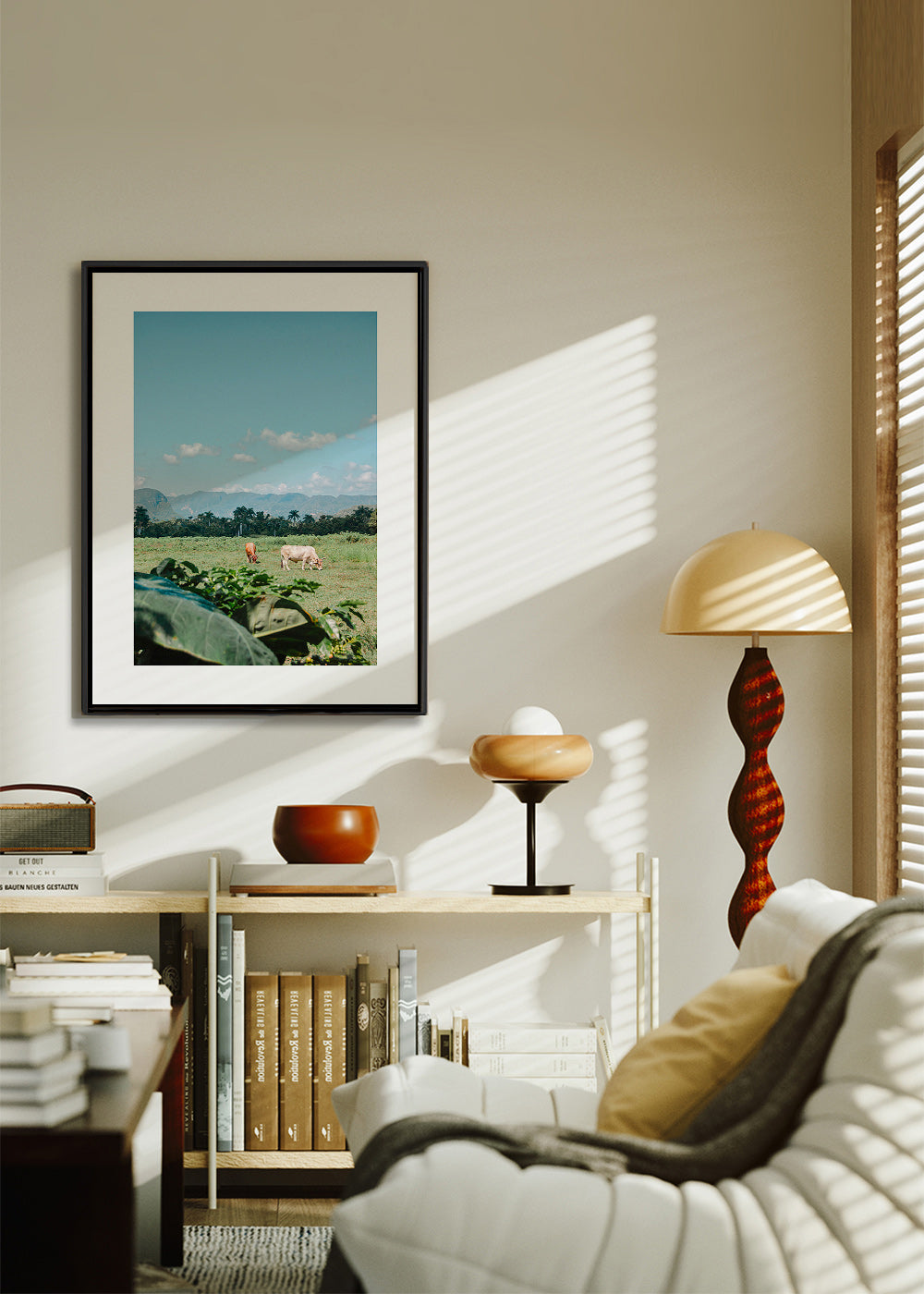 Landscape art: field with cows under wide sky