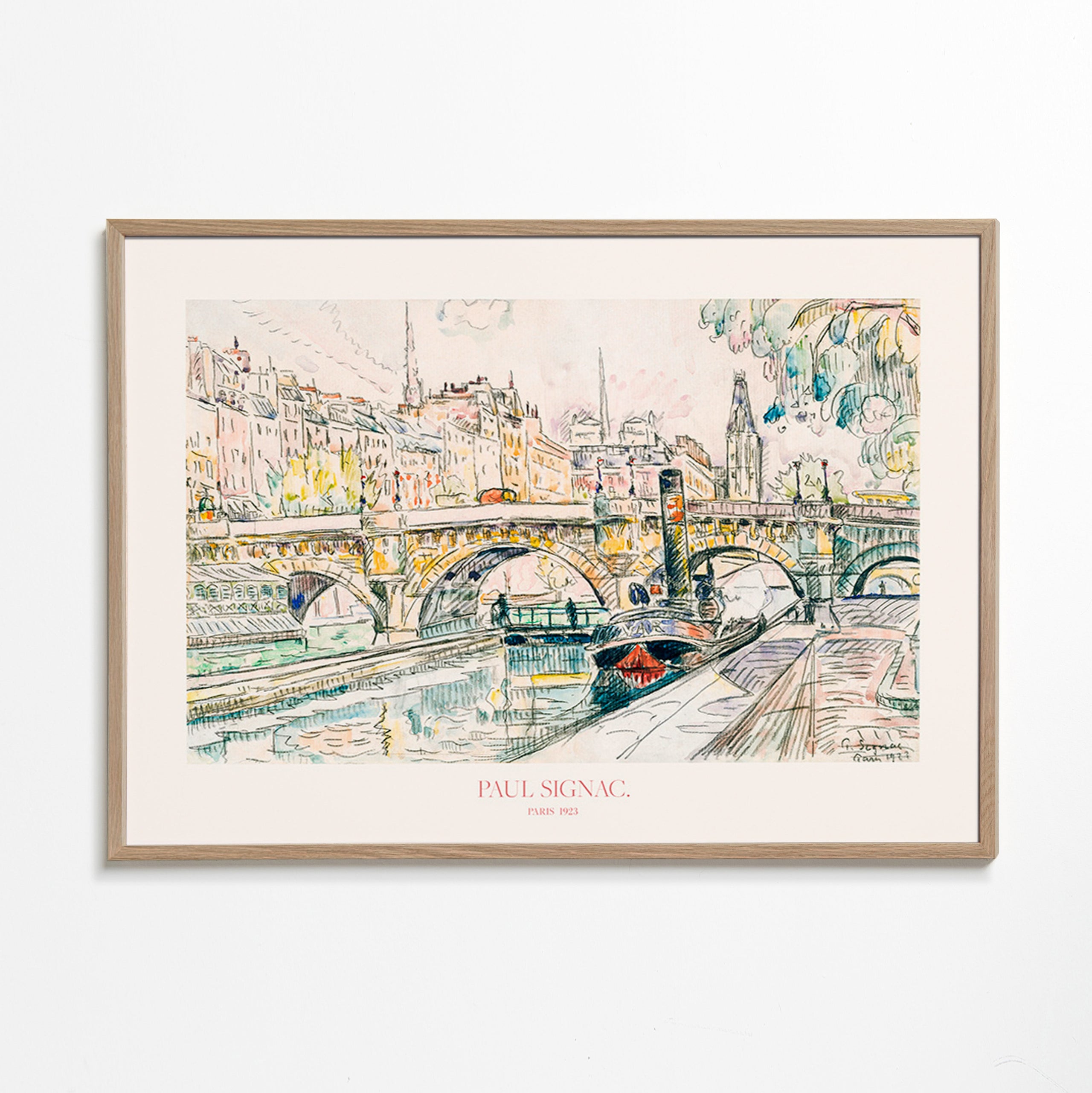 Cuadro de ciudades: Pont Neuf con remolcador en tinta y acuarela – Oak Frame