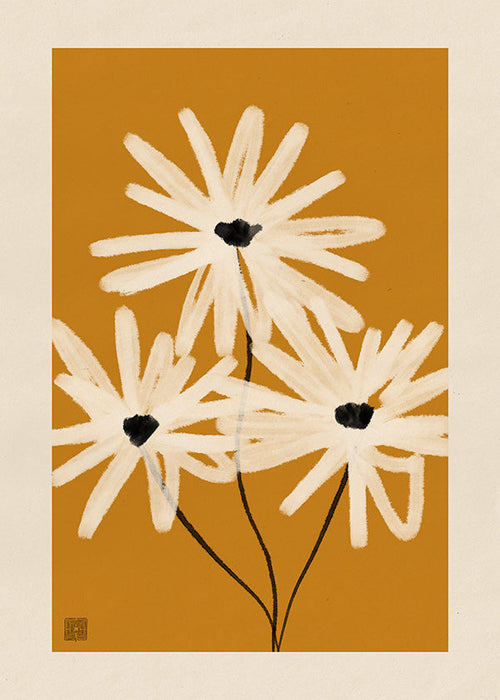 Lámina botánica de margaritas sobre fondo mostaza