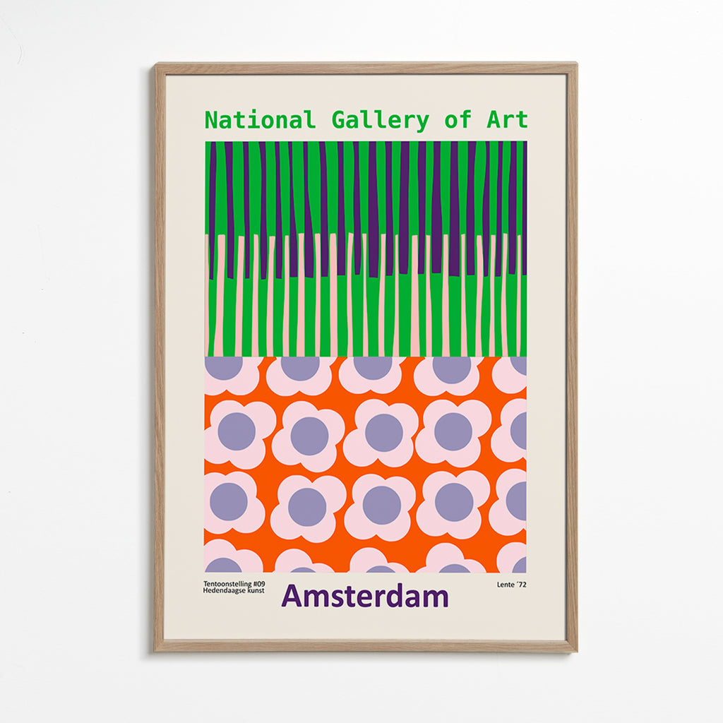 Cuadro de ciudades Amsterdam con patrón floral gráfico – Oak Frame