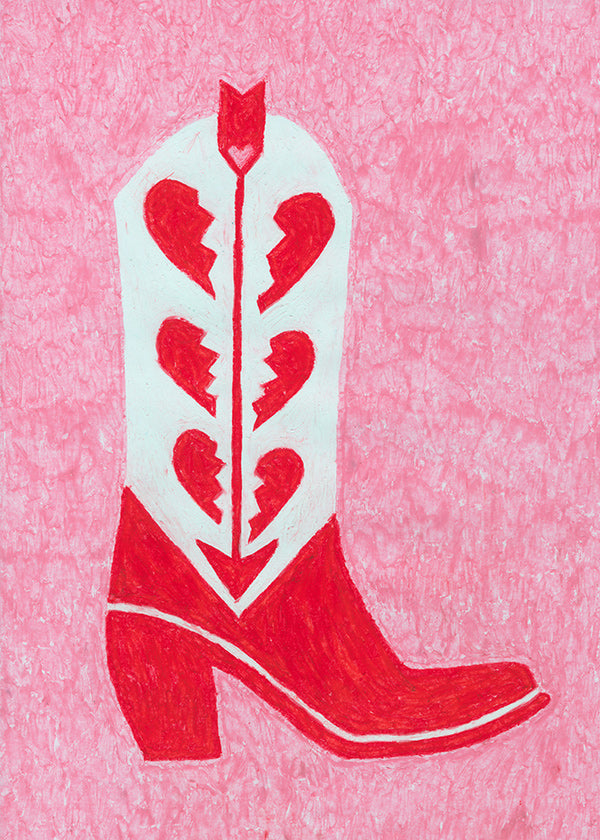 Ilustración de botín vaquero rojo con corazones rotos