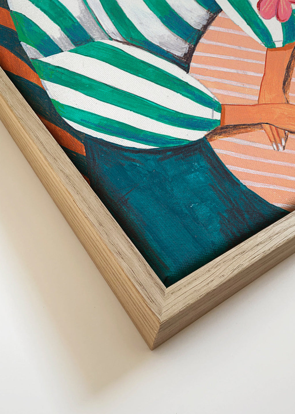 Ilustración de mujer en rayas con maceta – Canvas detail