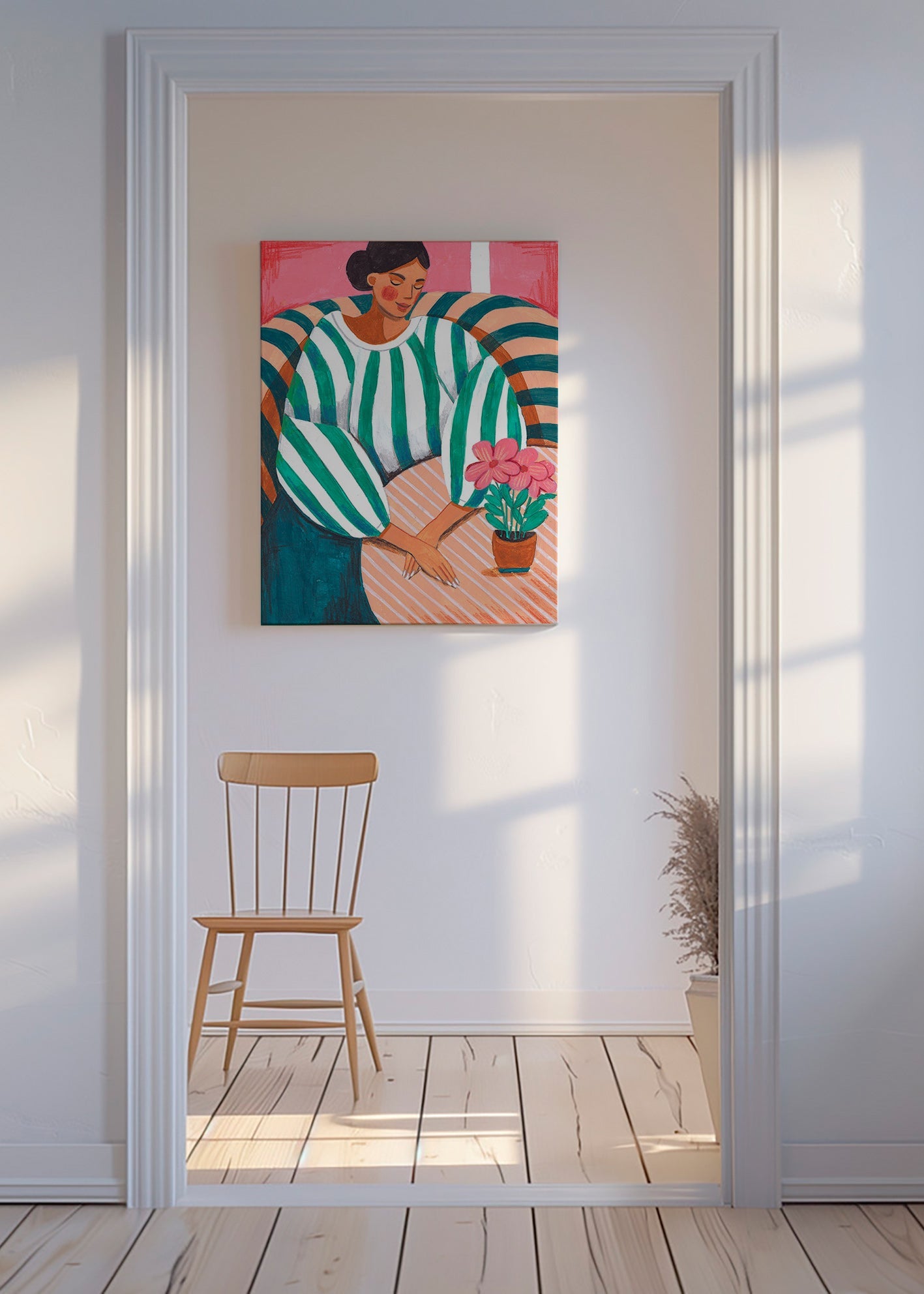 Ilustración de mujer en rayas con maceta – Canvas