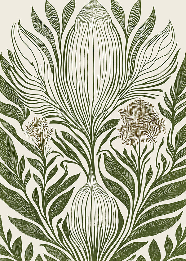 Lámina botánica con hojas verdes y trazo lineal