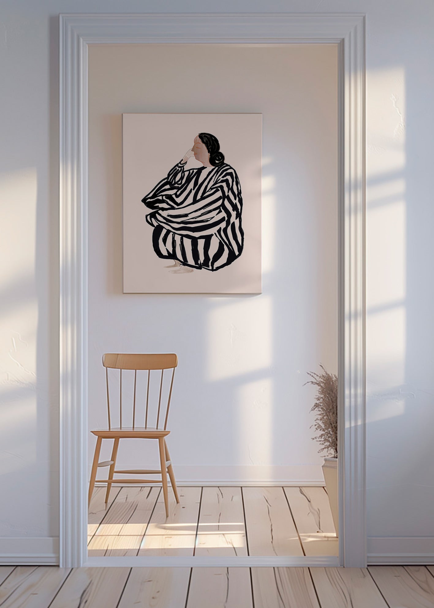 Ilustración de figura femenina con rayas expresivas – Canvas