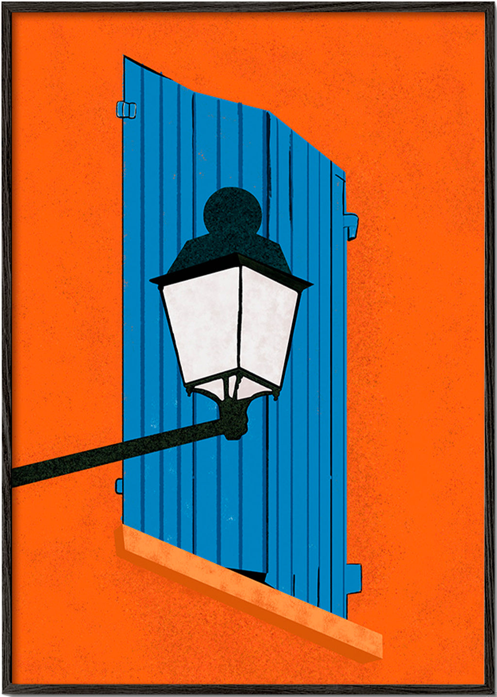 Ilustración de ventana y farol en persiana azul – Black Frame