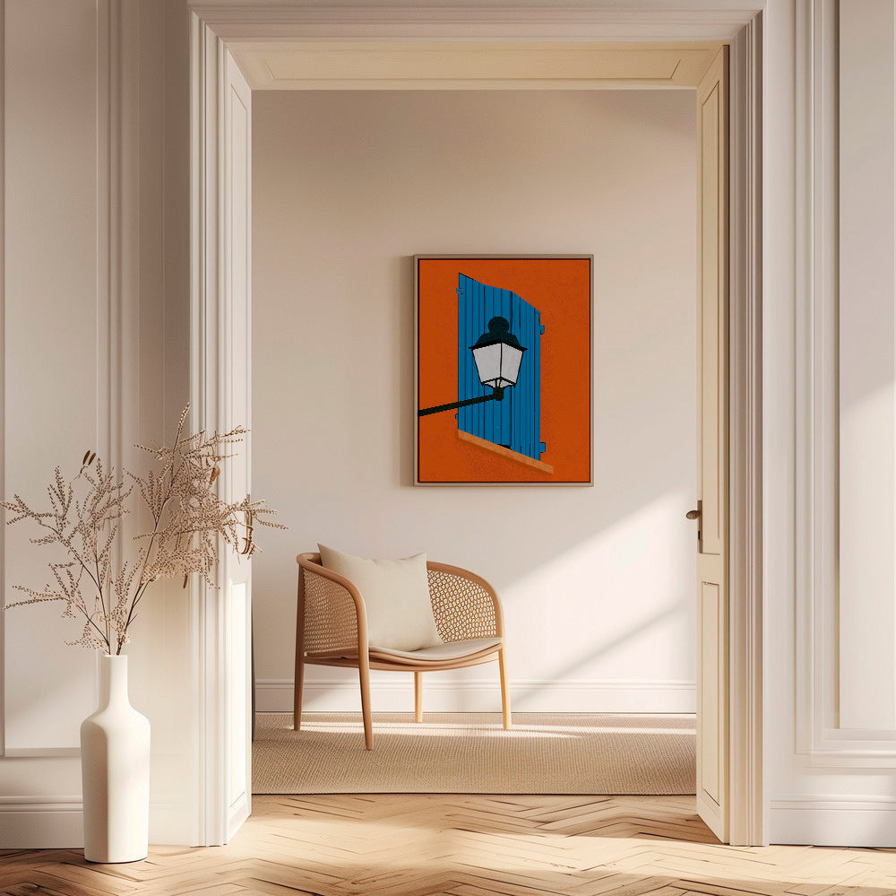 Ilustración de ventana y farol en persiana azul – Canvas1