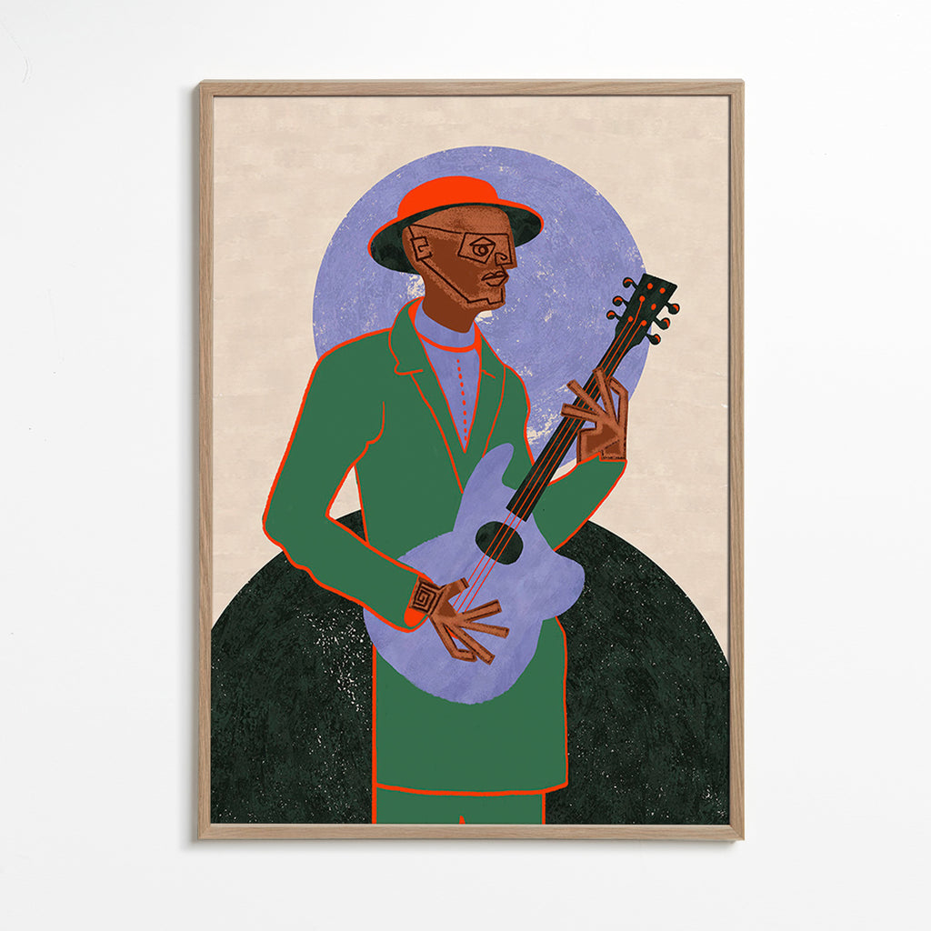 Ilustración músico con guitarra y halo geométrico – Oak Frame