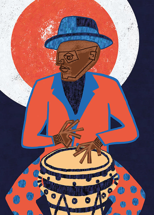 Ilustración músico con tambor en colores vivos