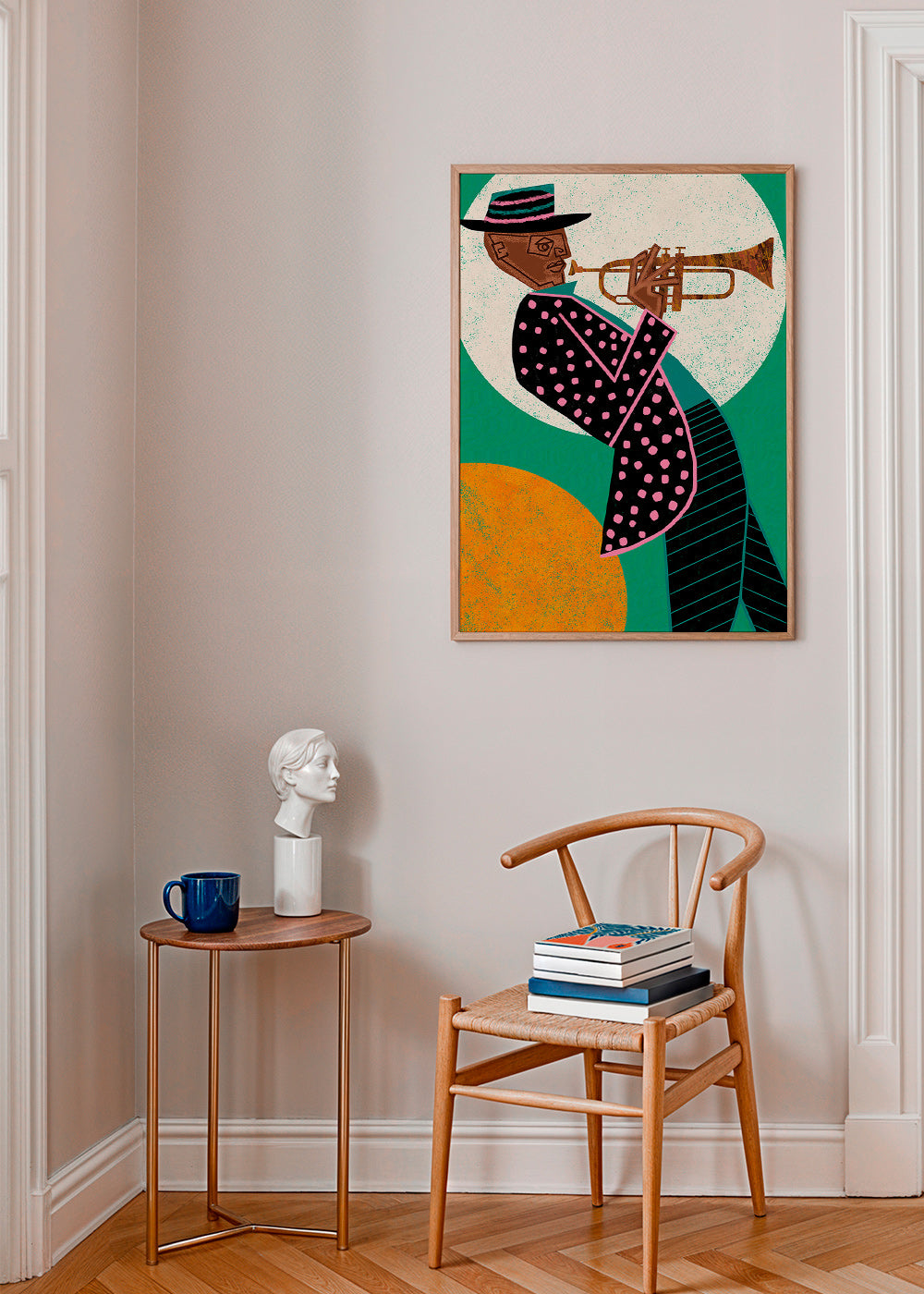 Ilustración músico de trompeta con luna – Product1