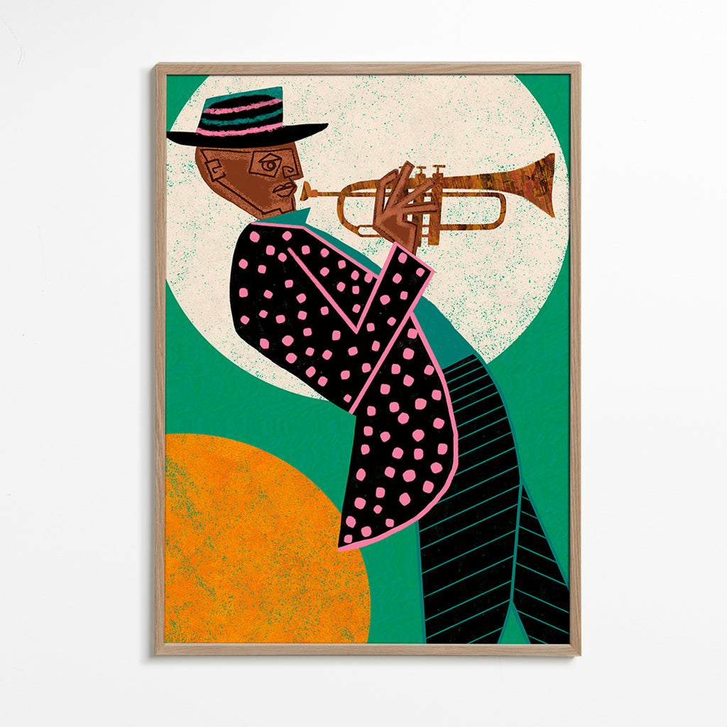Ilustración músico de trompeta con luna – Oak Frame