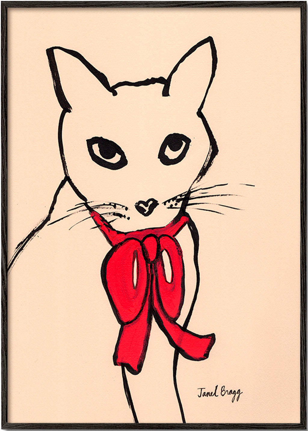 Cuadro gato con lazo rojo y trazo suelto – Black Frame