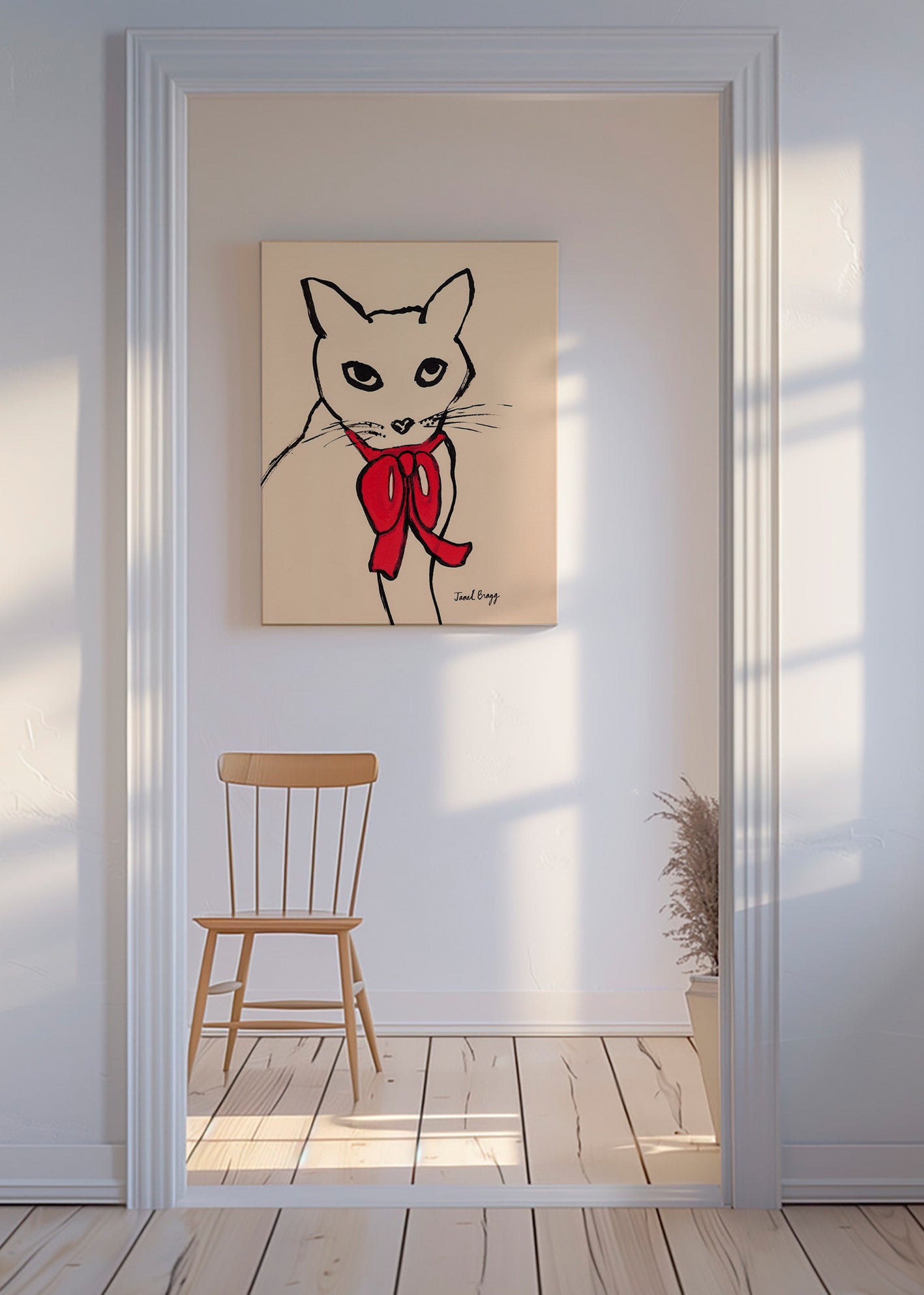 Cuadro gato con lazo rojo y trazo suelto – Canvas