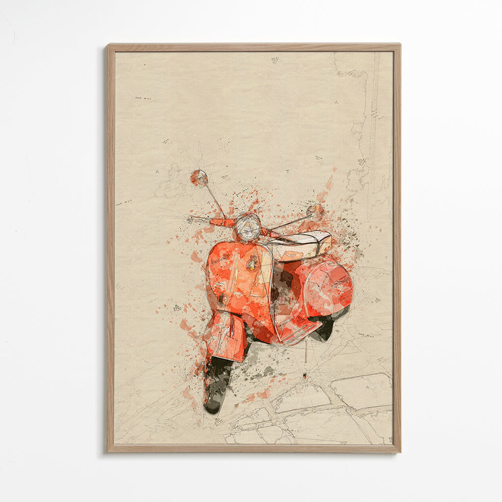 Ilustración Vespa roja sobre fondo texturado – Oak Frame