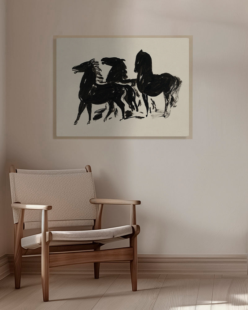 Cuadro tres caballos: dibujo en tinta gestual – Canvas